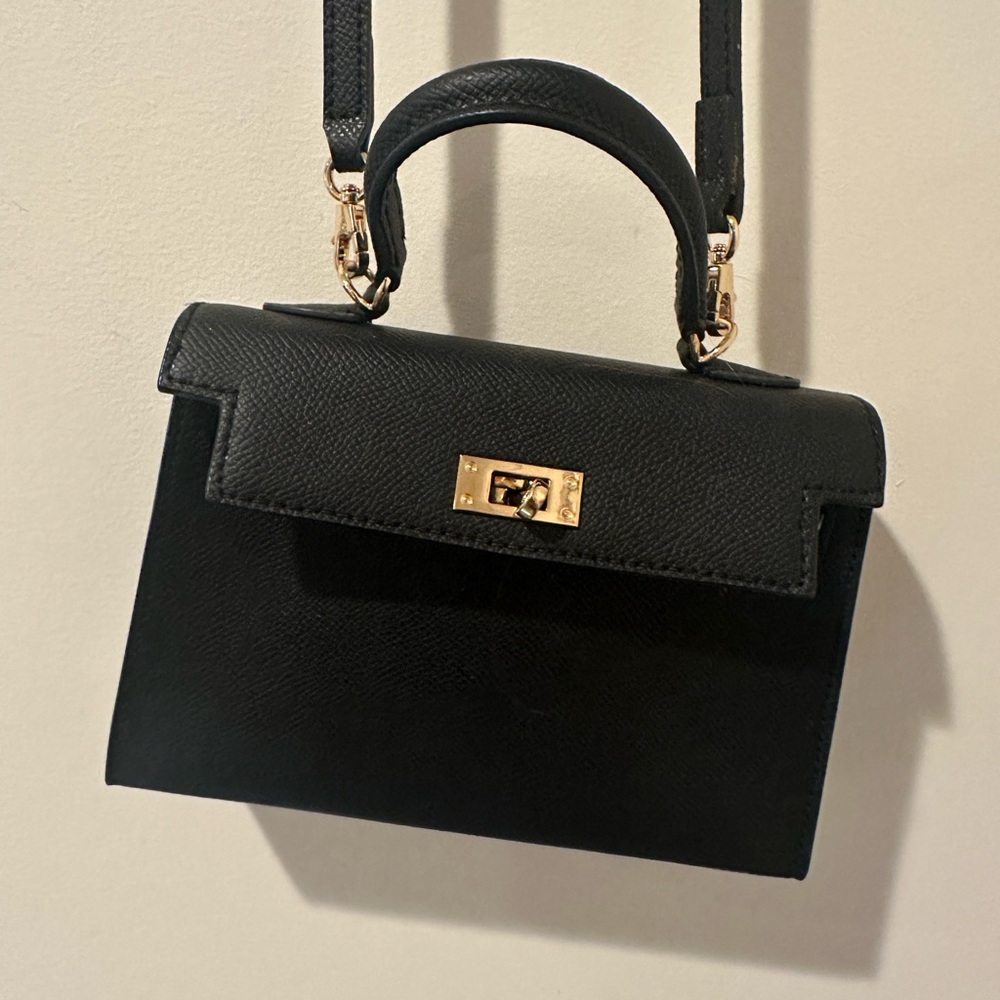 Structured Black Crossbody Bag with Gold-Tone Lock